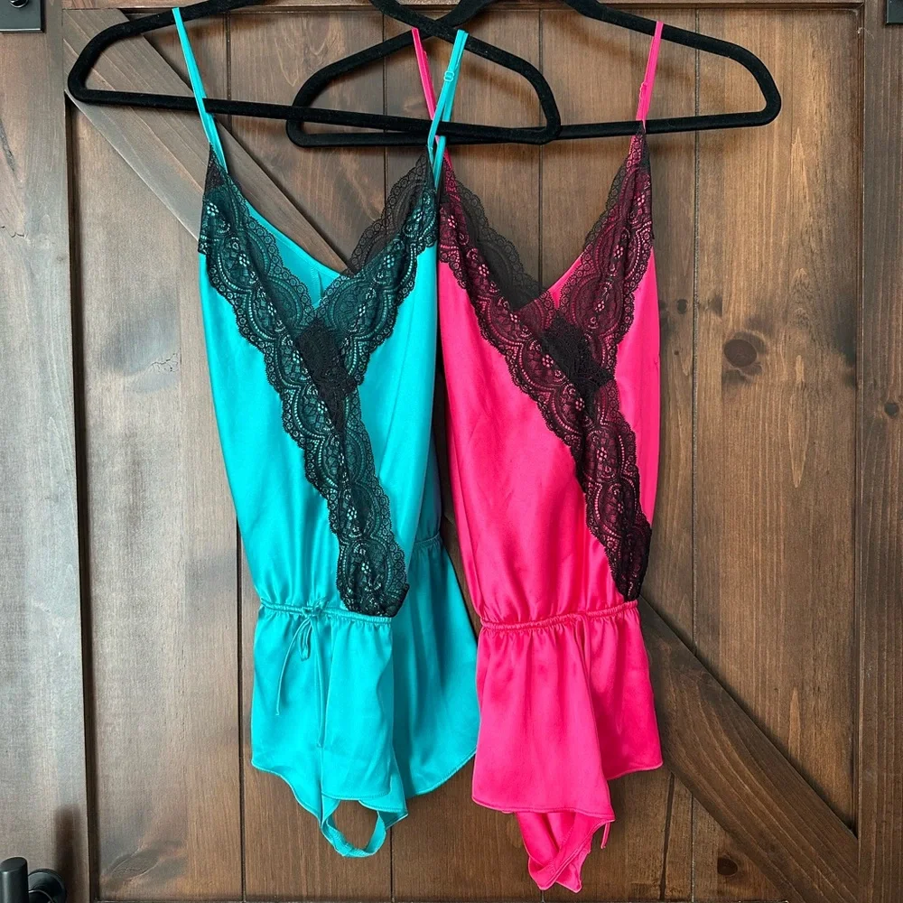 Victoria Secret Small silk teddy lingerie TWO aqua and pink - Picture 1 of 12